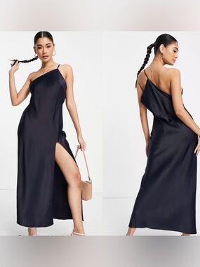 ASOS One-Shoulder Satin Slip Dress in Black